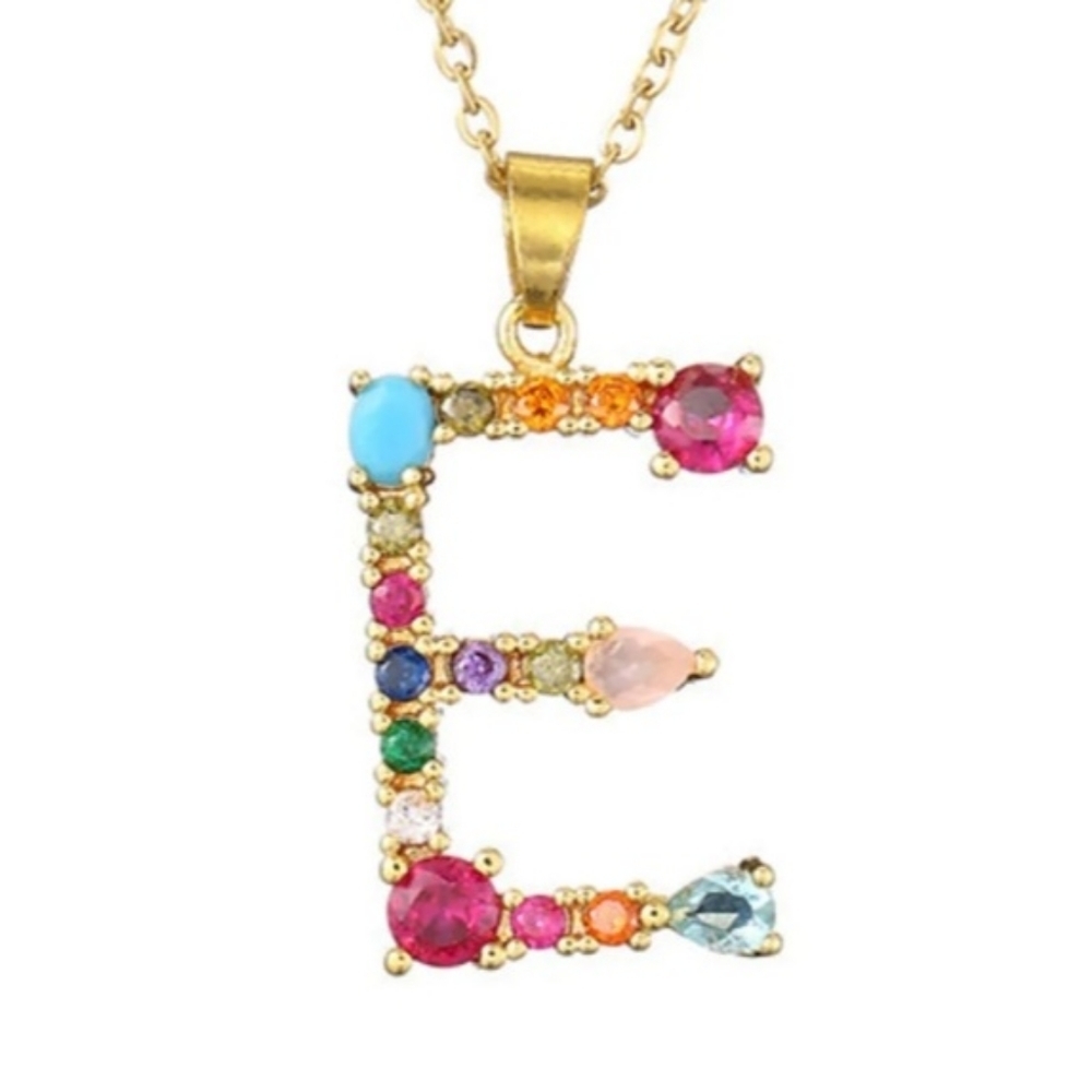 E Letter Pendant Necklace Rhinestones Gold Tone Chain